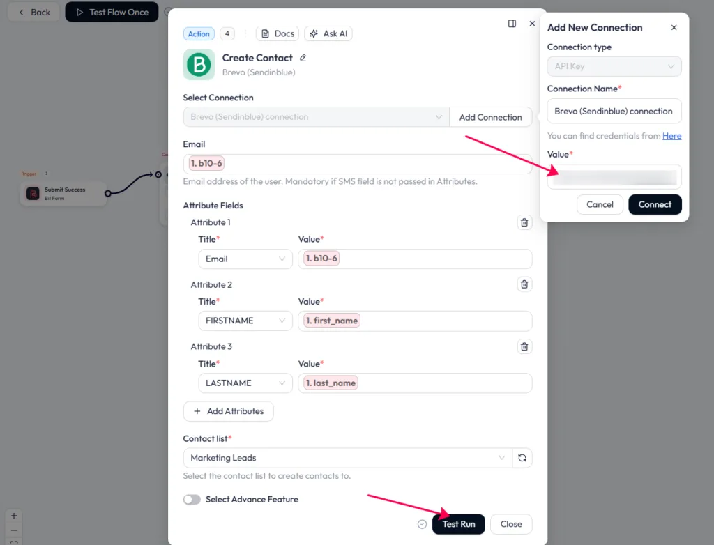 Bit Flows interface setting up a Brevo "Create Contact" action, displaying the API key connection panel and mapped attribute fields for Email, First Name, and Last Name.