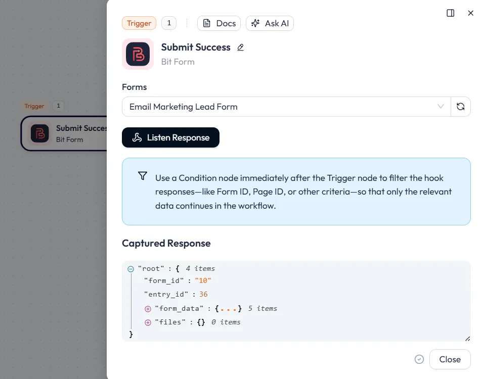 Screenshot of the Bit Flows trigger interface showing a successful "Response captured" message and displaying the raw JSON data containing form fields and entry IDs.