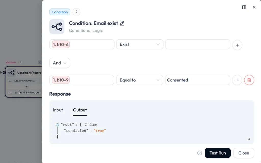 Screenshot of a Bit Flows condition node configured to check if the email field exists and if the consent field is equal to "Consented", returning a true output response.
