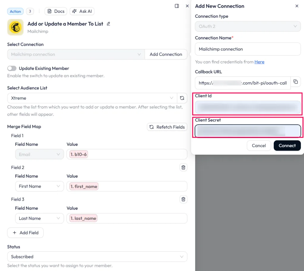 Bit Flows Mailchimp "Add or Update a Member To List" action setting, showing the mapped form values for Email, First Name, and Last Name into the selected audience list.