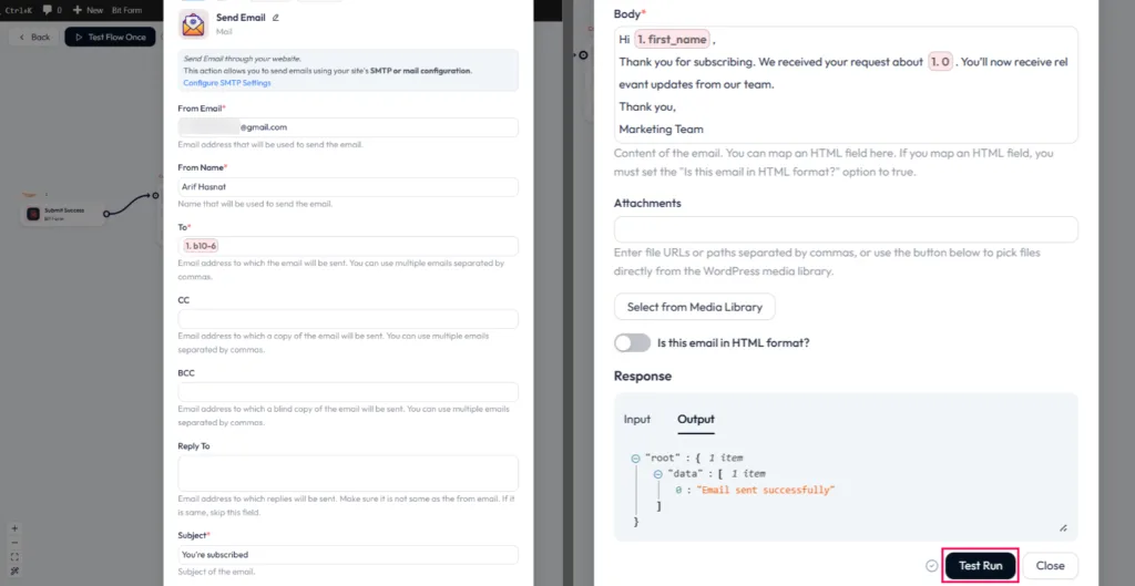 Bit Flows "Send Email" action setup mapping the recipient email address, along with a customized email body using dynamic form variables like first name and interest.