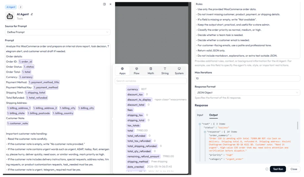 Bit Flows AI Agent configuration interface for a WooCommerce order assistant, detailing the mapped order variables in the prompt, strict JSON formatting rules, and a successful test response categorizing an order as high priority.