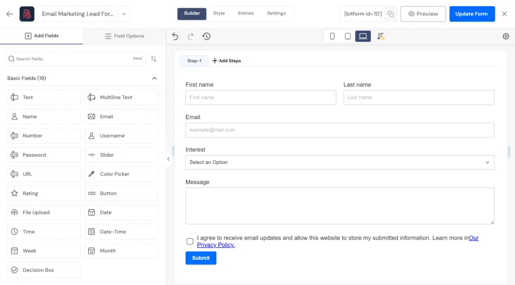 Bit Form builder interface displaying a lead capture form with fields for First name, Last name, Email, Interest, Message, and a consent checkbox.