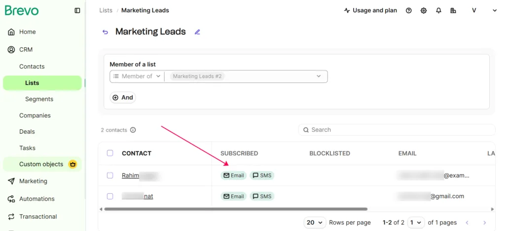 Brevo lists dashboard showing the "Marketing Leads" list with newly added test contacts, confirming their subscribed email status.