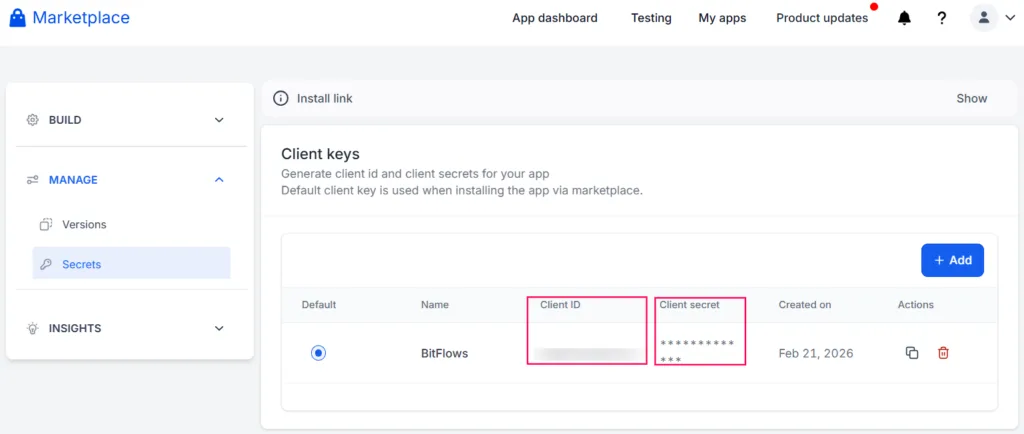 GoHighLevel Marketplace dashboard displaying the Client keys section, highlighting the Client ID and Client secret required for a GoHighLevel WordPress Integration: Automate Contacts, Tasks, and Workflows.