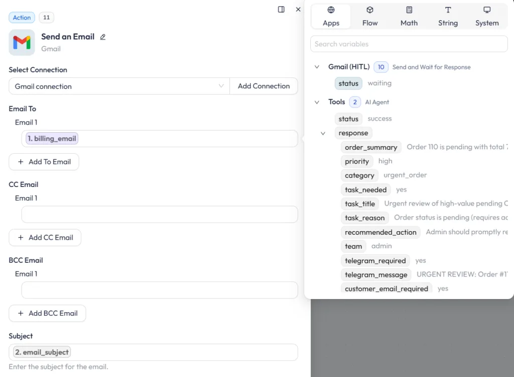 Bit Flows Gmail Send an Email action setup, illustrating an essential communication step when building a GoHighLevel WordPress Integration: Automate Contacts, Tasks, and Workflows. The panel displays dynamic variable mapping for the recipient email and subject line using data extracted from an AI agent's response.