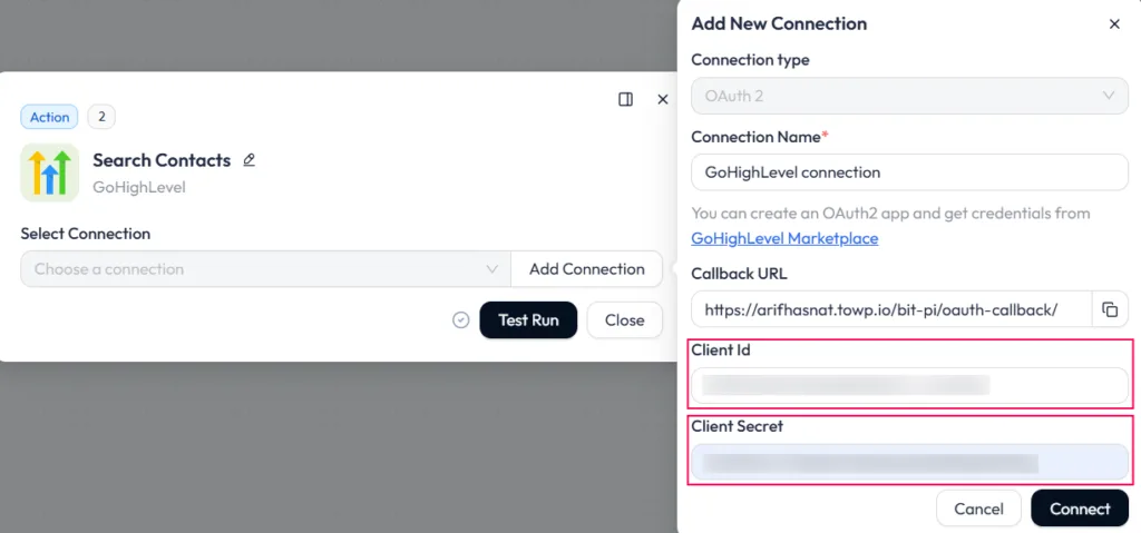 Bit Flows Add New Connection panel highlighting the OAuth Client Id and Client Secret fields required to authenticate a GoHighLevel WordPress Integration: Automate Contacts, Tasks, and Workflows.