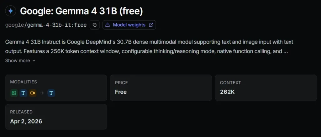 Google Gemma 4 31B free