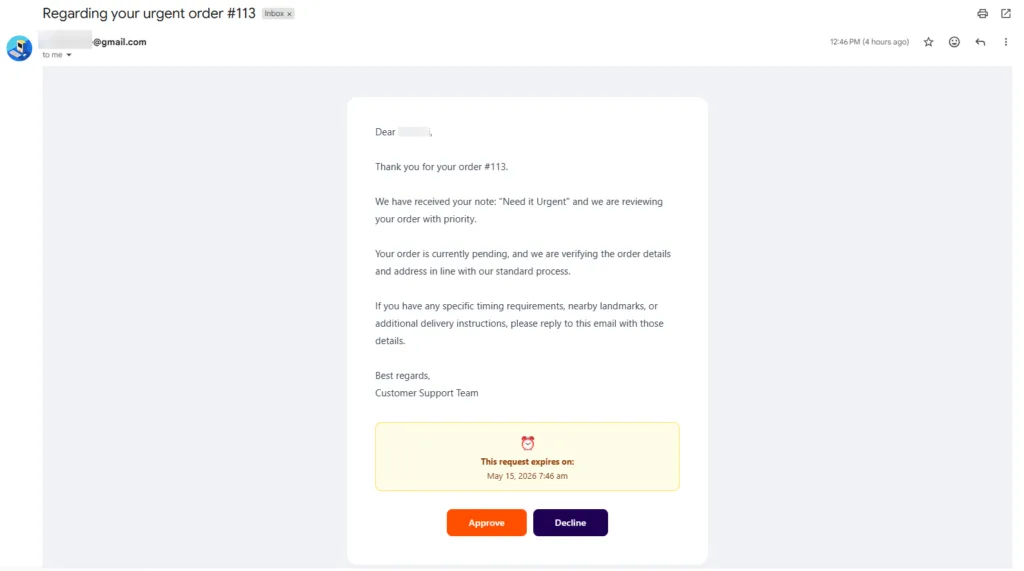 Gmail inbox displaying an automated human-in-the-loop approval email regarding urgent WooCommerce order #113, featuring a drafted message about prioritizing the order and interactive Approve and Decline action buttons with a request expiration timer.