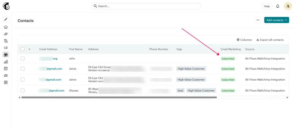 Screenshot of the Mailchimp Contacts dashboard verifying successful integration, with a red arrow pointing to a new subscriber marked with a "Subscribed" email marketing status.