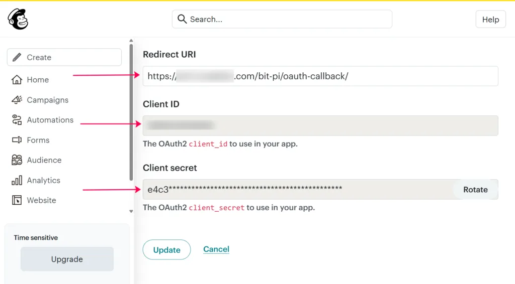 Mailchimp dashboard displaying the registered app settings, highlighting the Redirect URI, Client ID, and Client Secret fields required for API integration.