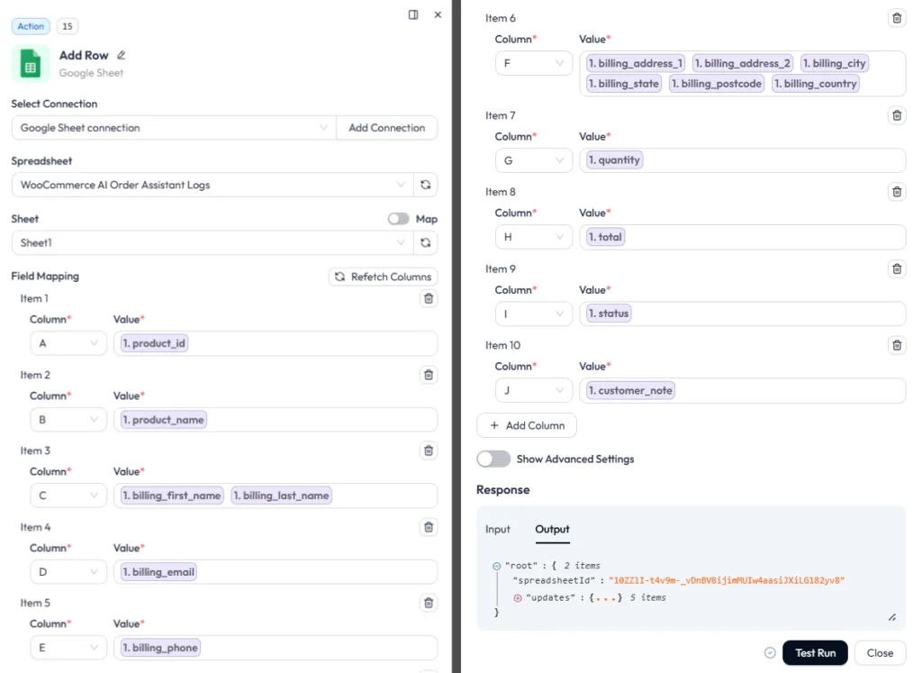 Bit Flows Google Sheets Add Row action configuring field mapping, illustrating how WooCommerce order data such as product details, billing information, address, and order totals are assigned to specific spreadsheet columns.