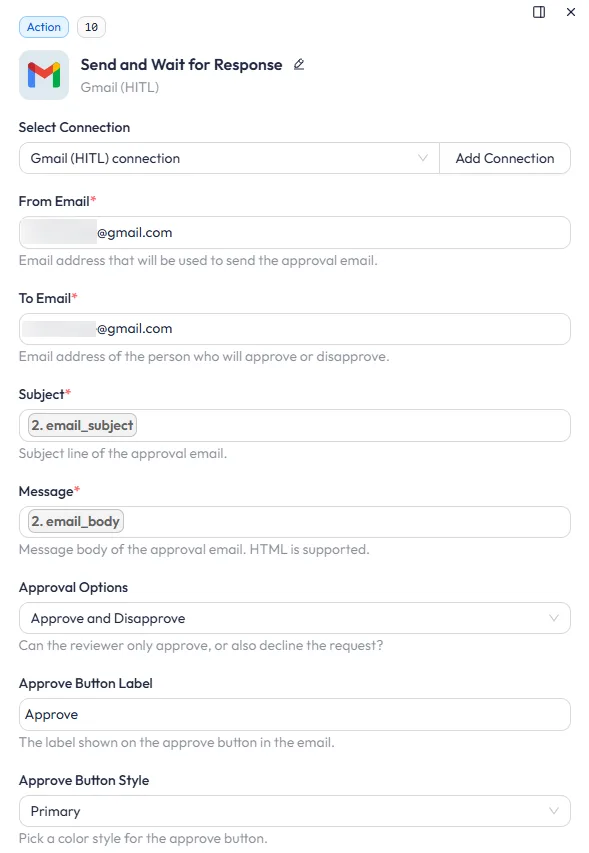 Bit Flows Gmail (HITL) action configuration for Send and Wait for Response, displaying mapped variables for the approval email subject and message body, along with Approve and Disapprove options for human-in-the-loop workflows.