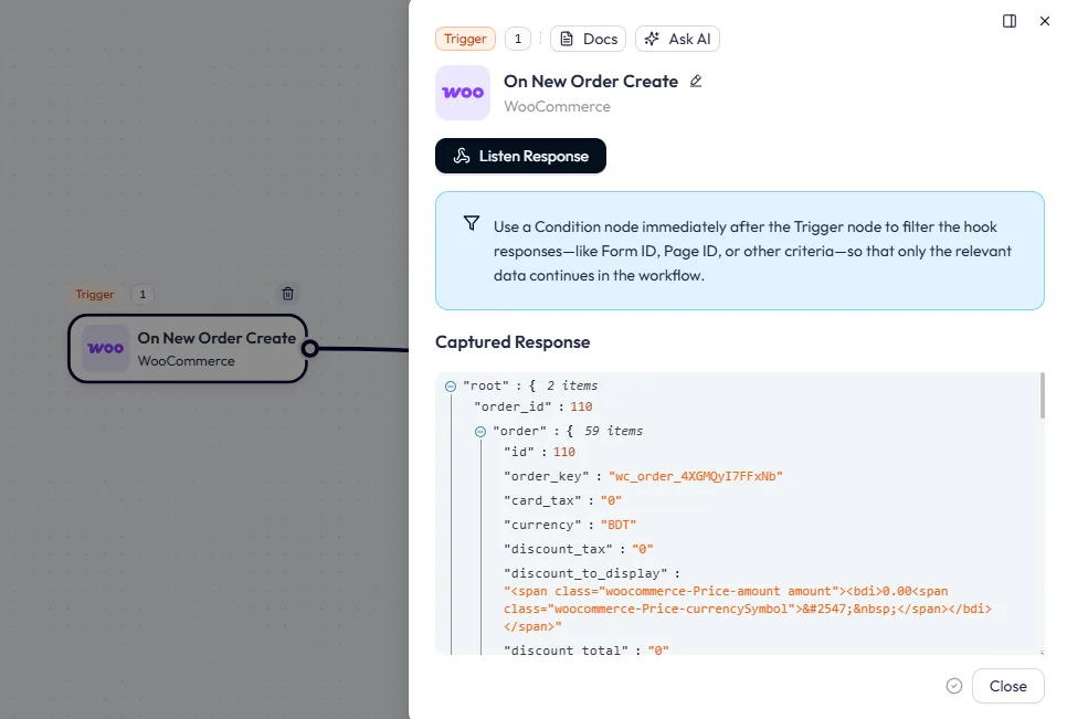Bit Flows interface showing the WooCommerce On New Order Create trigger configuration panel, displaying a successfully captured JSON response containing specific order details.
