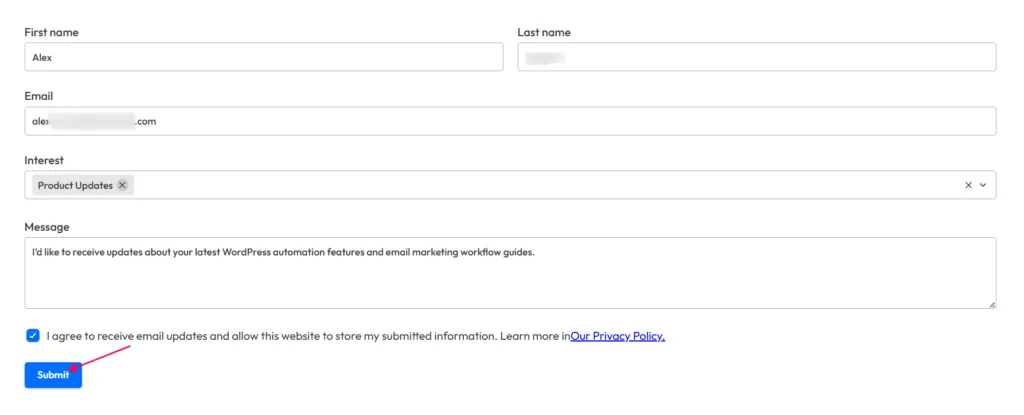 Screenshot of a frontend WordPress lead form being filled out with test data, with a red arrow pointing to the Submit button to trigger the workflow.