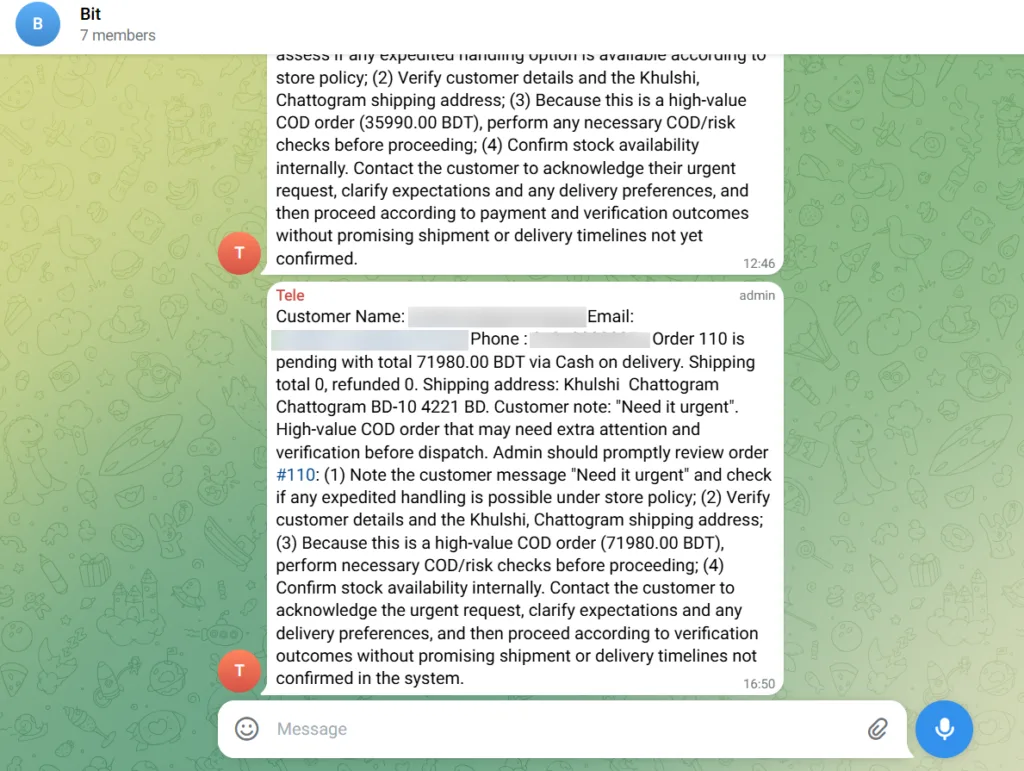 Telegram group chat displaying an automated AI-generated alert for a high-priority WooCommerce order, detailing customer contact information, order total, shipping address, customer notes, and a checklist of required administrative actions before dispatch.