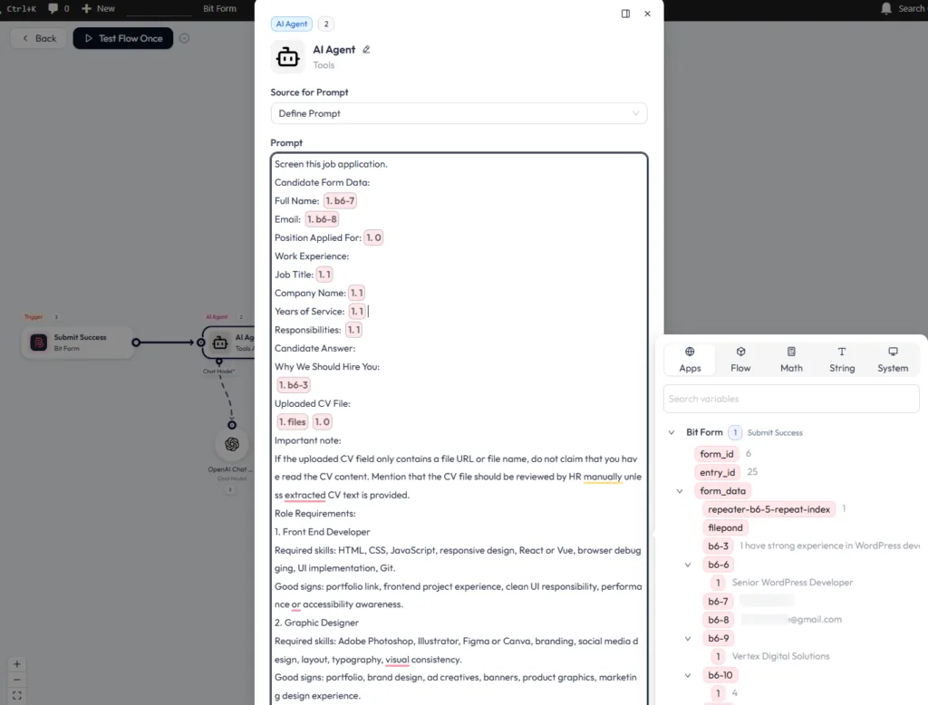 AI Agent settings defining the prompt and response format, mapping candidate form data into the system instructions.