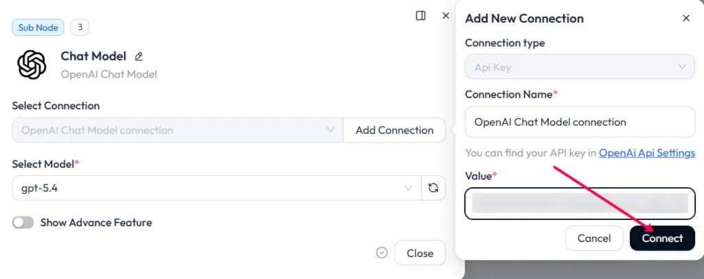 The connection settings in Bit Flows configuring an AI model API key.
