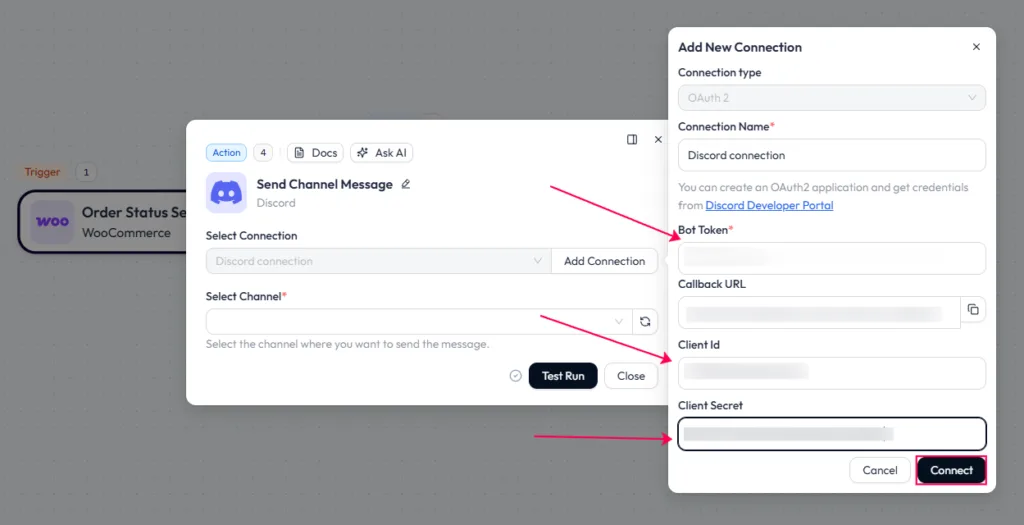 Bit Flows 'Add New Connection' panel for Discord, with red arrows pointing to the required Bot Token, Client Id, and Client Secret input fields required for the OAuth2 integration.