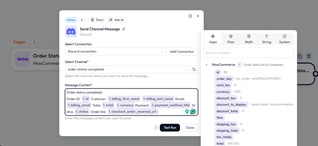 Bit Flows Discord action configuration illustrating WooCommerce order details, such as order ID and total, dynamically mapped into the channel message content field.