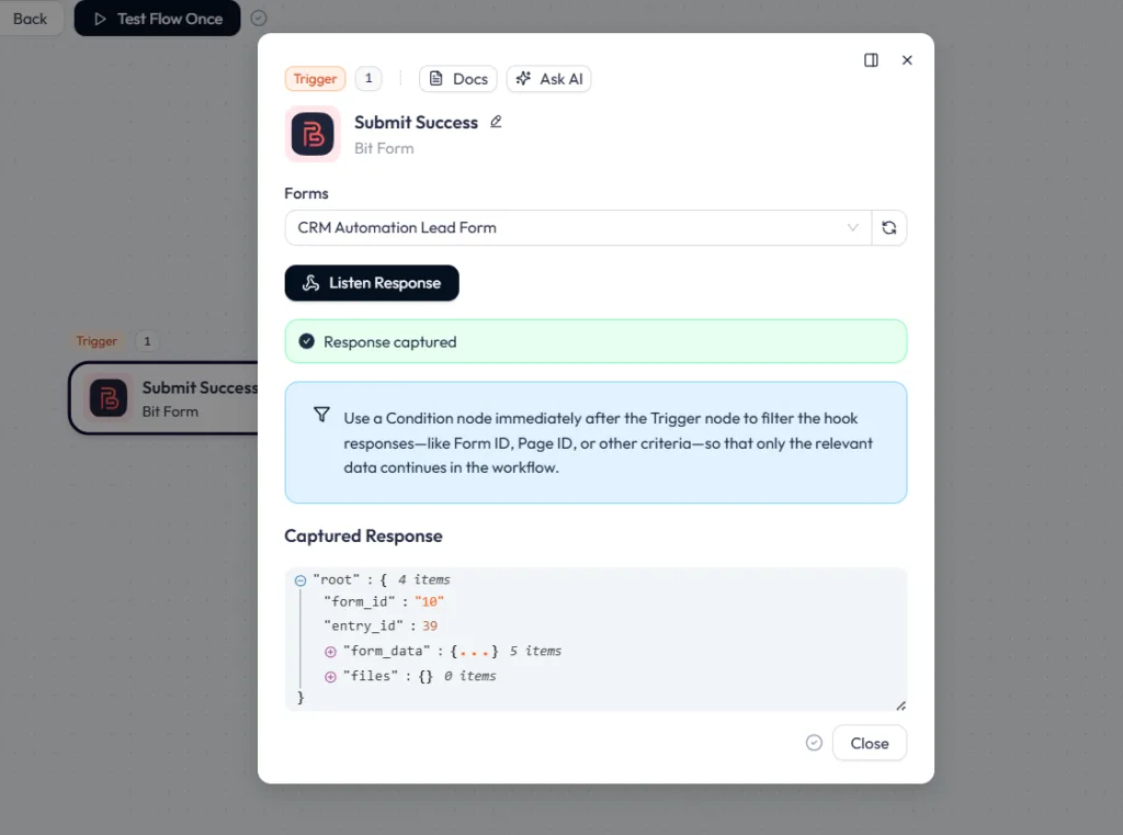 Screenshot of the Bit Flows trigger window showing a successfully captured response from the CRM Automation Lead Form, including the raw form data.