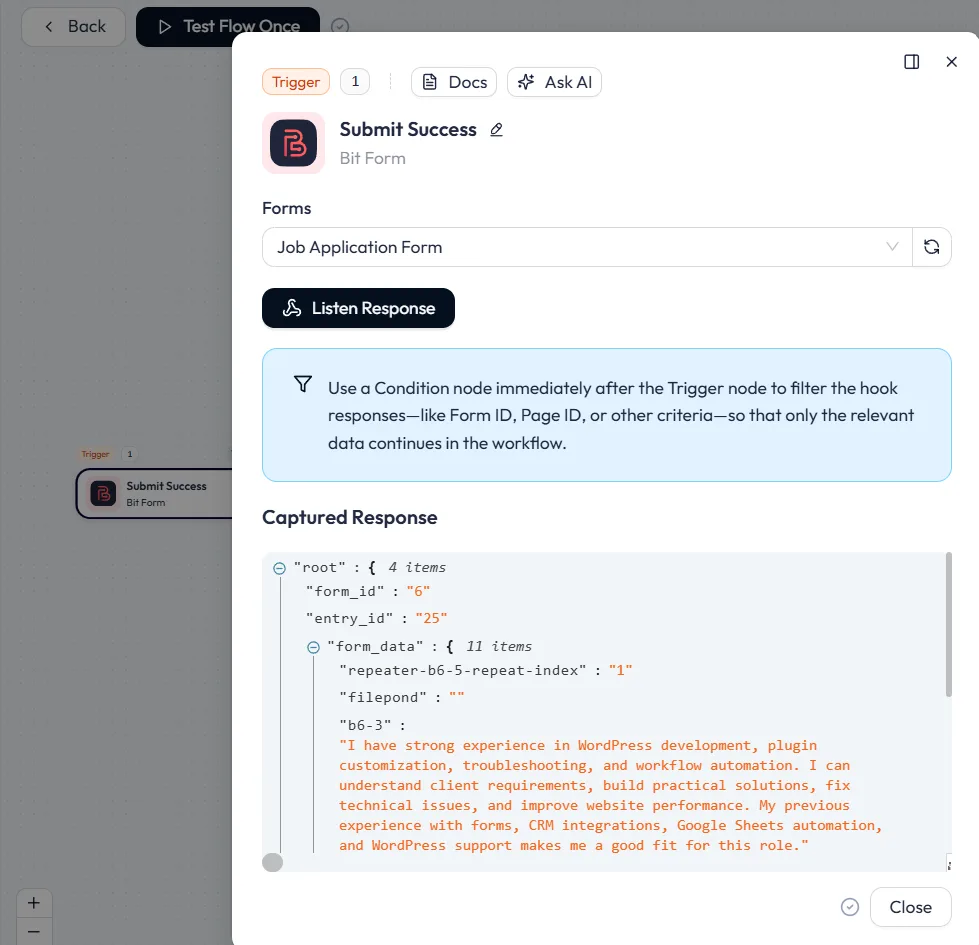 Submit Success trigger showing a captured JSON response containing the submitted test job application data.