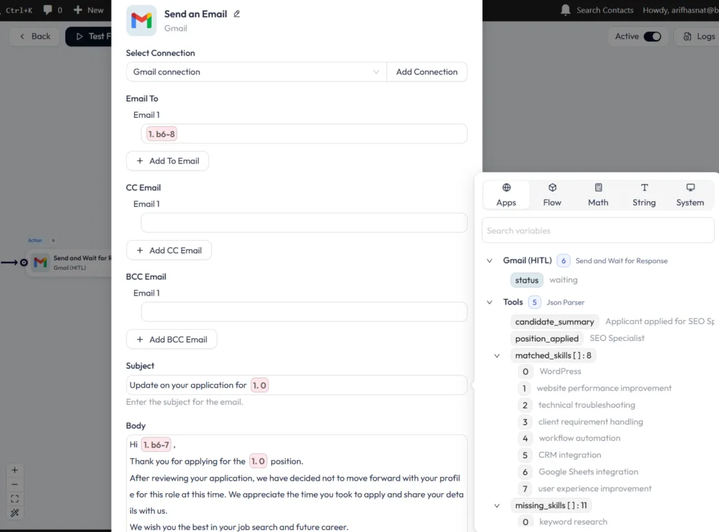 Gmail Send an Email action mapping the candidate's email address and drafting the follow-up message.