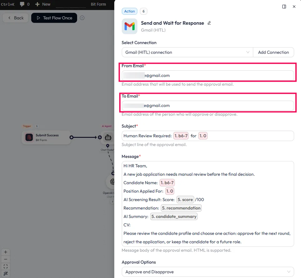 Gmail Human in the Loop node configuration, detailing the mapped candidate data, AI score, summary, and approve/disapprove options for HR.