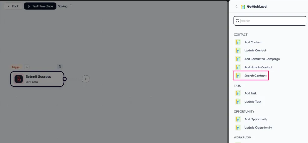 Screenshot of the Bit Flows interface displaying a workflow started by a Bit Form Submit Success trigger. On the right side, the GoHighLevel action selection menu is open, with a red box highlighting the "Search Contacts" option under the Contact category.