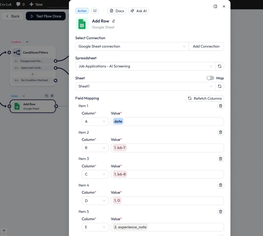 Bit Flows Google Sheet Add Row action configuration, detailing the field mapping setup to send parsed AI candidate data and form variables directly into specific columns of the "Job Applications - AI Screening" spreadsheet.