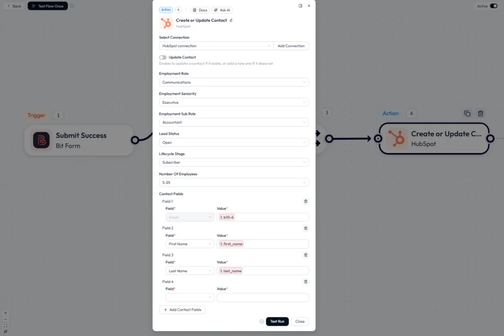 Bit Flows HubSpot Create or Update Contact action, mapping the form's email, first name, and last name fields into the CRM.