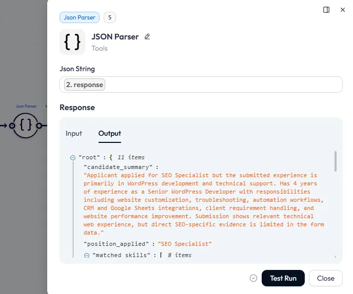 JSON Parser node converting the AI Agent's response into usable output fields like the candidate summary and score.