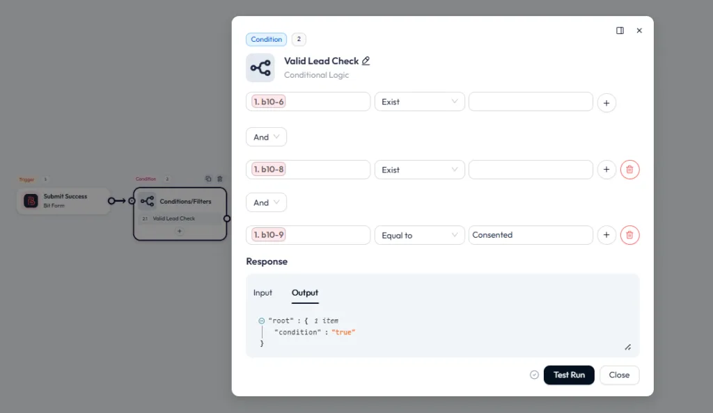 Bit Flows Valid Lead Check condition node checking if the email and message fields exist and if the consent field is equal to "Consented"