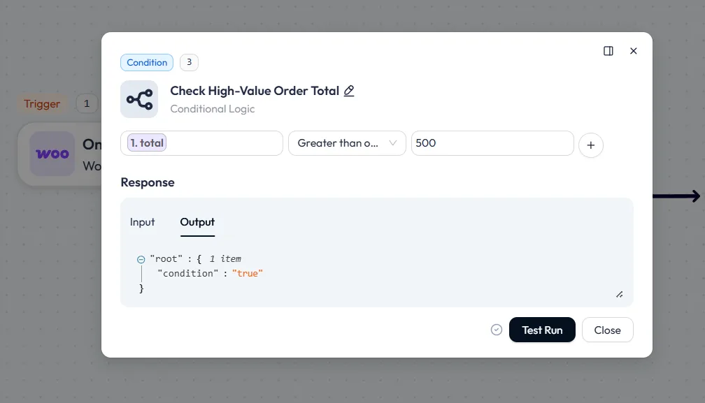 Bit Flows conditional logic node titled "Check High-Value Order Total," configured to evaluate whether the mapped WooCommerce order total is greater than 500.