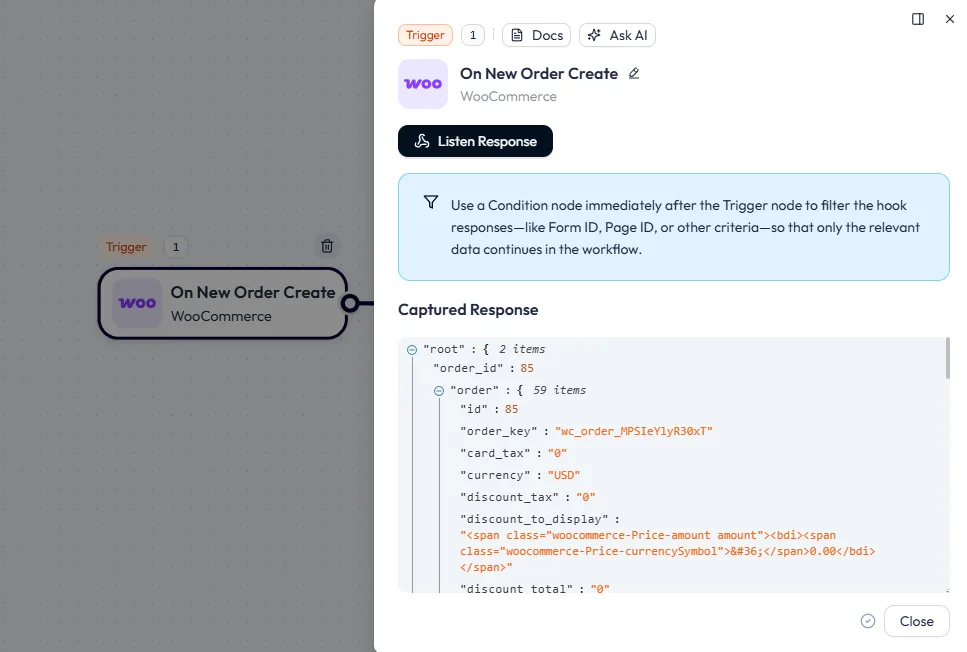 Bit Flows WooCommerce On New Order Create trigger setup, displaying a captured JSON response containing specific order data such as order ID, keys, and currency.