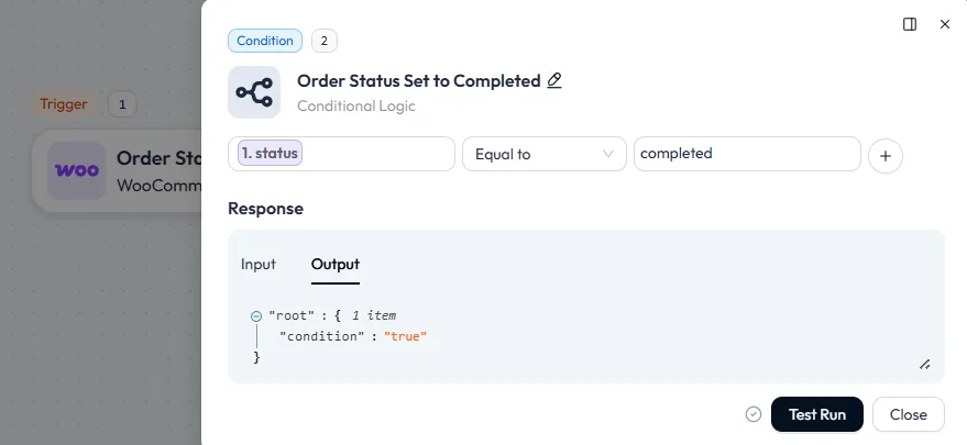 Bit Flows condition node configured to filter for a WooCommerce order status equal to 'completed', showing a successful test output response of true.