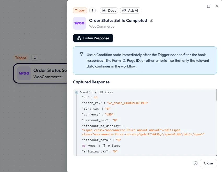 Bit Flows interface displaying the WooCommerce 'Order Status Set to Completed' trigger configuration and the captured JSON response containing the full order data payload.