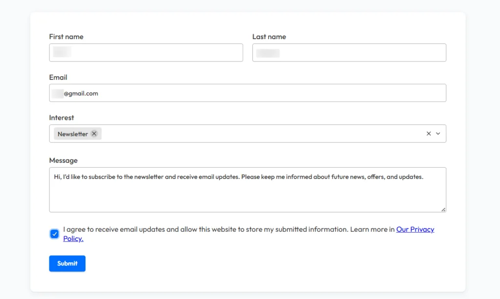 CRM Automation Lead Form built in Bit Form, showing fields for first name, last name, email, interest, message, and a consent checkbox.
