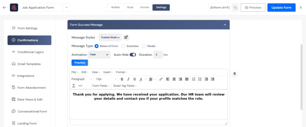 Screenshot of the form confirmation message settings displaying a custom message thanking the applicant and noting that the HR team will review the application.
