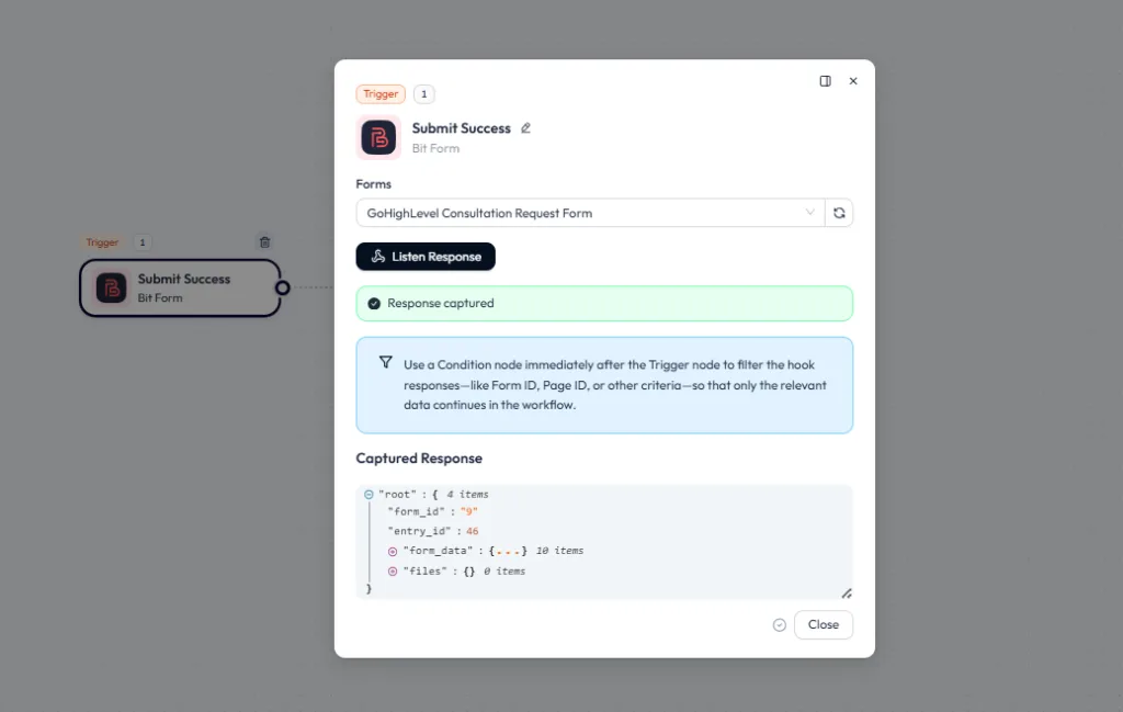 Bit Flows trigger configuration for a GoHighLevel WordPress integration, displaying Bit Form selected as the app with a Submit Success event and a successfully captured JSON response from a consultation request form.