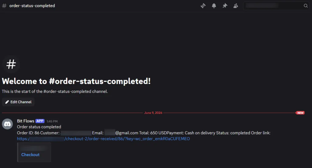 Screenshot of a Discord channel named #order-status-completed displaying an automated Bit Flows message with specific WooCommerce order details, including the order ID, customer email, total amount, and a direct checkout link.
