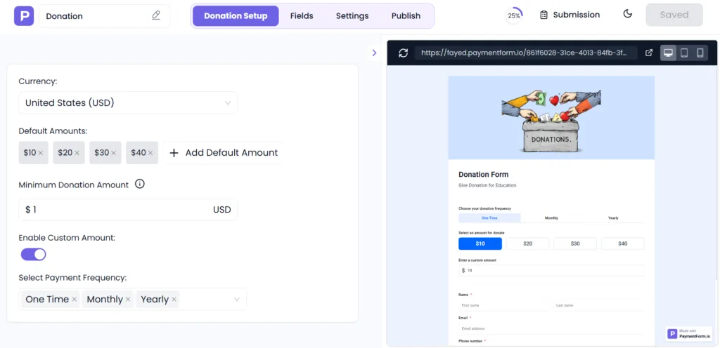 The donation module is built for nonprofits, charities, religious organizations, and individual cause supporters. You can accept one-time payments and set up recurring donations from a single form.