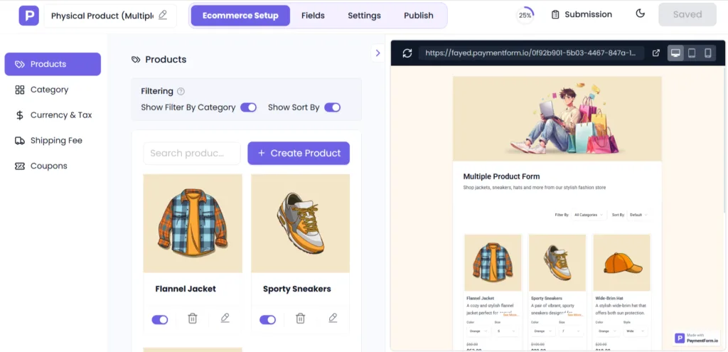 This module lets you sell products through a simple payment form without the setup work of a full eCommerce platform.  You add multiple products, organize them into categories and subcategories, and let customers browse and order, all from a single shareable form link.
