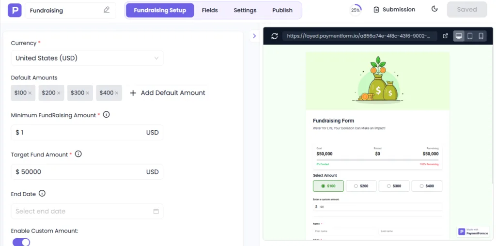 The fundraising module goes a step further than a basic donation form. It is designed for time-limited campaigns with a specific financial goal.