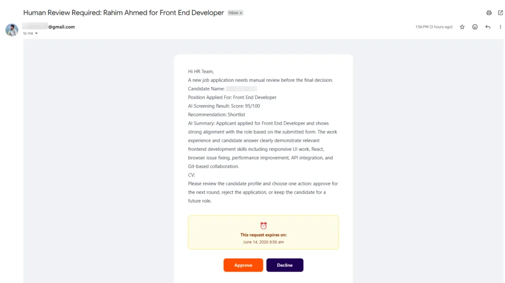 HR review email received via Gmail, displaying the candidate profile, AI score, and interactive Approve and Decline buttons.