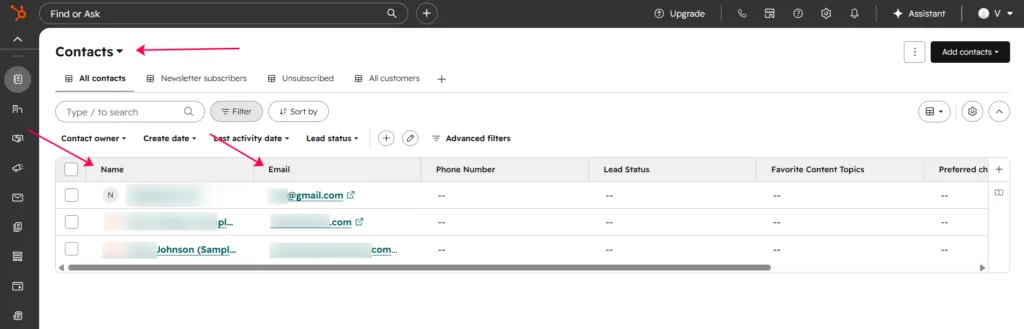 Screenshot of the HubSpot Contacts dashboard verifying the successful addition of the new lead's name and email.