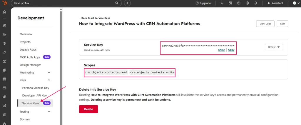 HubSpot Developer settings showing the creation of a Service Key with scopes for reading and writing CRM contact objects.