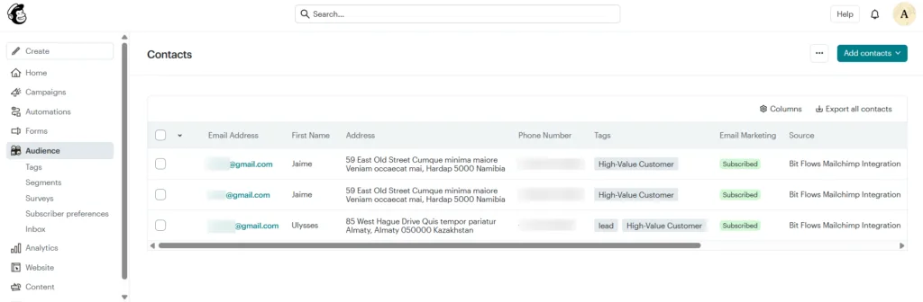 Mailchimp Audience Contacts dashboard showing newly added subscribers with the "High-Value Customer" tag successfully applied via the Bit Flows Mailchimp Integration.