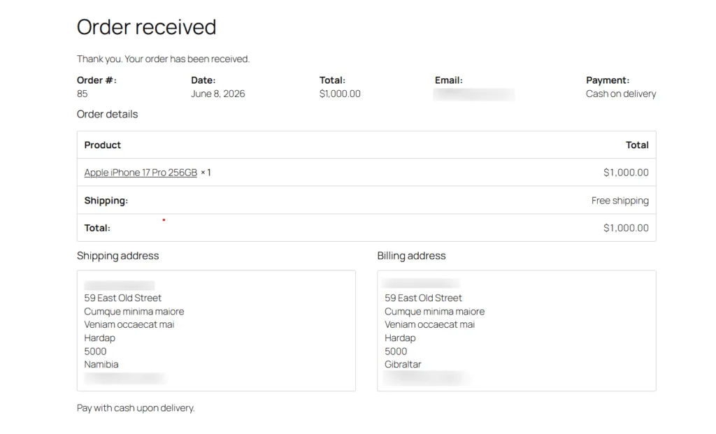 WooCommerce order received confirmation page showing a ,000 order for a phone, including the customer's payment method and complete billing and shipping addresses.