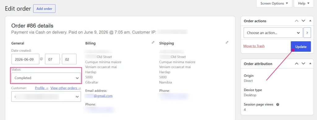 Screenshot of the WooCommerce Edit order dashboard highlighting the order status dropdown changed to Completed, with a red arrow pointing to the Update button